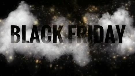 black friday text white smoke or haze with black background and glittering particles