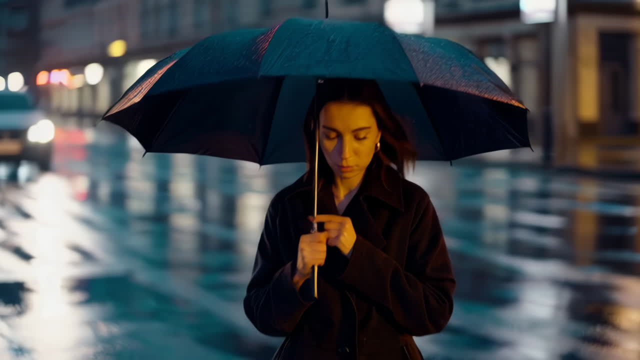 Femme au parapluie dans une rue de ville pluvieuse la nuit