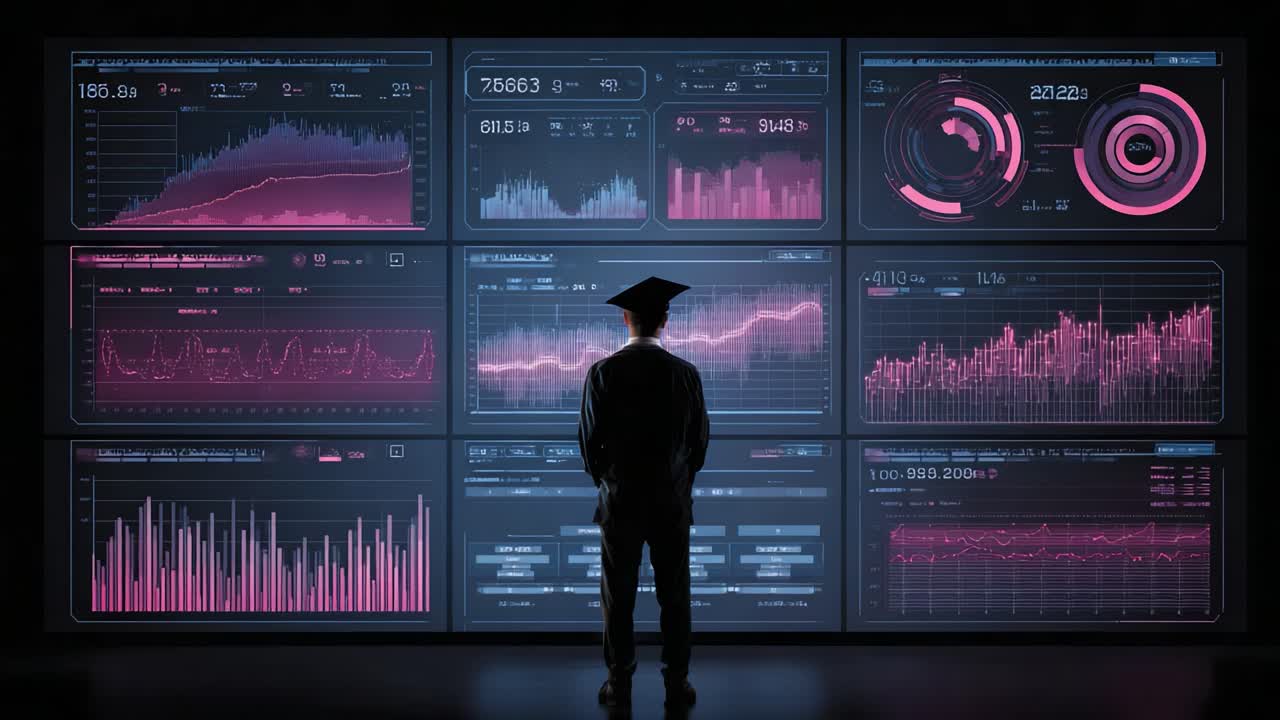 A Graduate Analyzing Complex Data Trends on Multiple Screens with Colorful Visualizations Representing Metrics and Graphs in a Digital Space