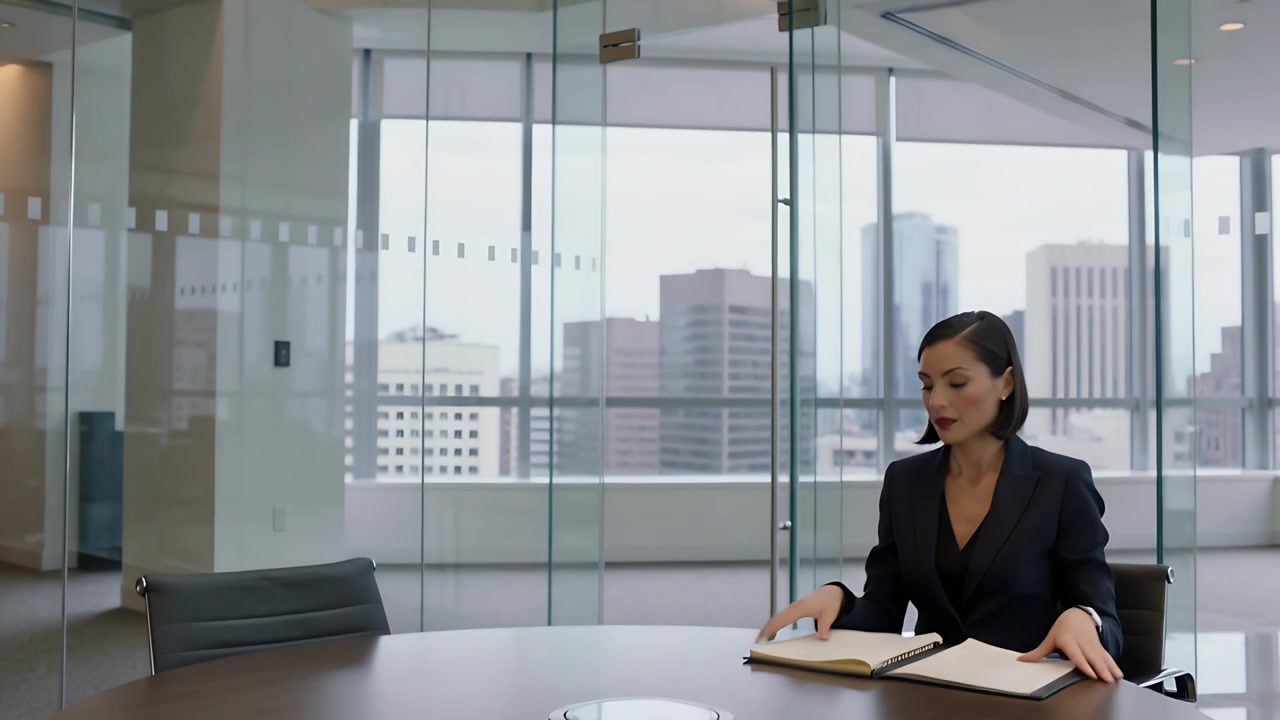 Donna in blazer che entra, controlla l'orologio e prepara appunti a un tavolo da ufficio in vetro, con spazio per il testo.