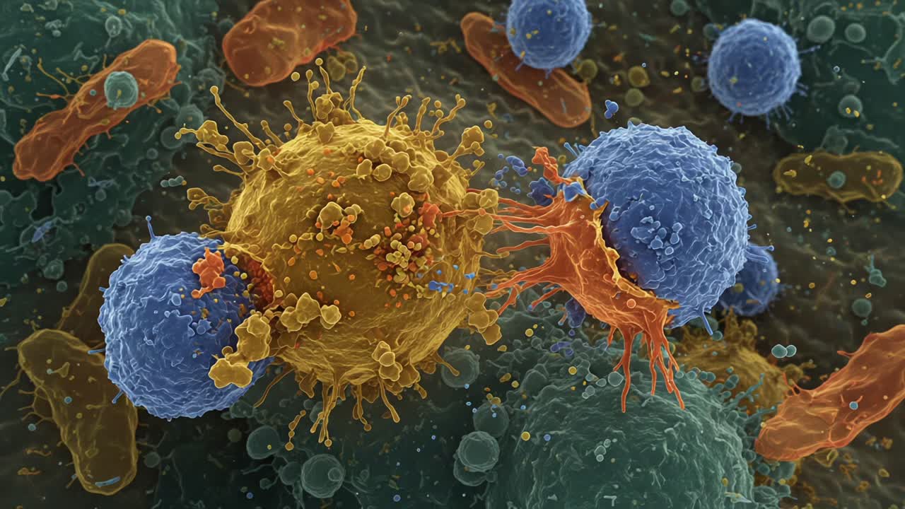 Detailed Microscopic Visualization of Cellular Interactions Featuring Immune and Pathogen Cells Engaged in a Vivid Battle Against Microbial Intrusions