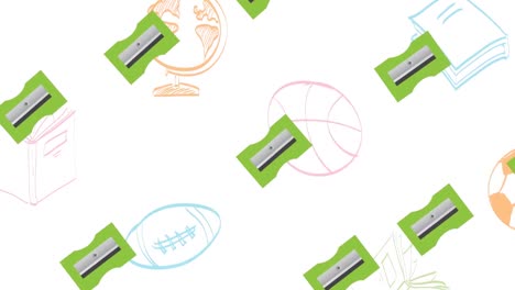 animation of rows of green sharpeners and schools items on white background