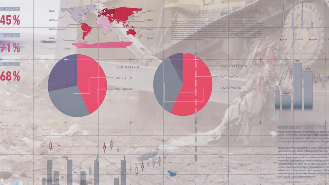 animación del registro de estadísticas sobre una excavadora en un sitio de eliminación de residuos