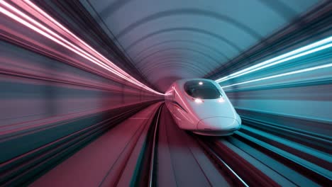 a high-speed train traversing through a neon-illuminated tunnel captured in motion, showcasing the fusion of technology and light in modern transportation