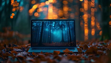 laptop in an autumn forest with fantasy screen and bokeh lights