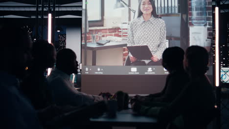coworkers participate in a late night digital meeting with general director