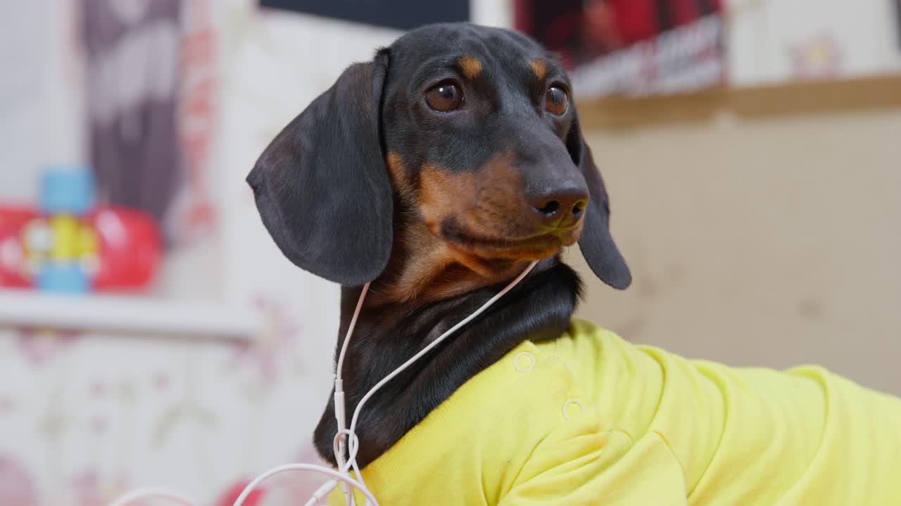Dachshund puppy with long hanging ear IN bright yellow t-shirt listens to music with cable earphones at home close side view