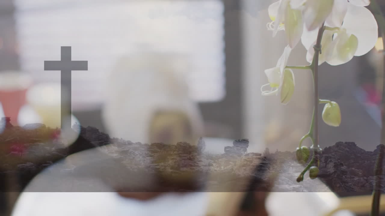 Relaxing with face mask and towel, person reading animation near serene landscape