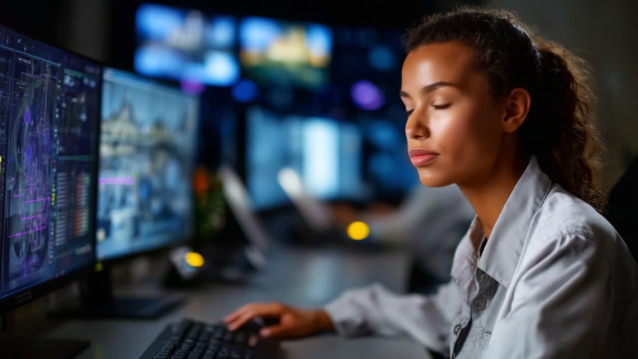 Focused Professional Analyzing Data on Computer Screens in a Modern Office Environment with Multiple Monitors and a Collaborative Atmosphere