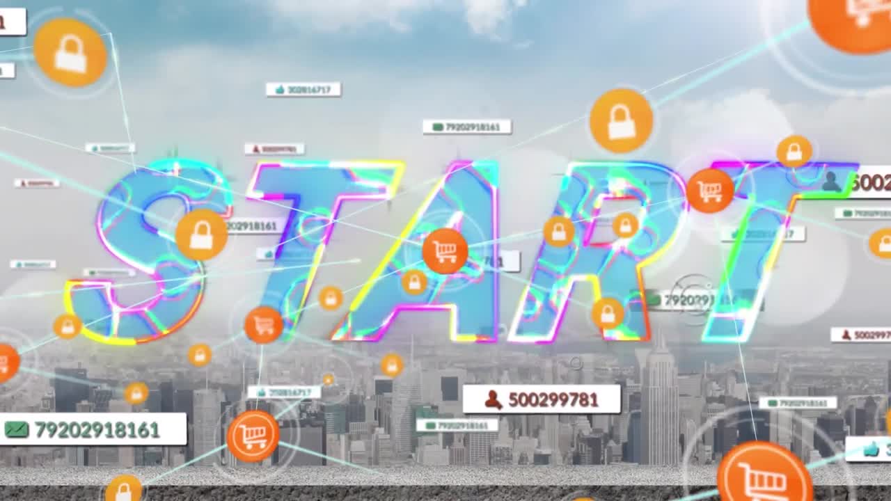 시작 텍스트, 연결 네트워크 및 도시 풍경에 대한 소셜 미디어 아이콘의 애니메이션