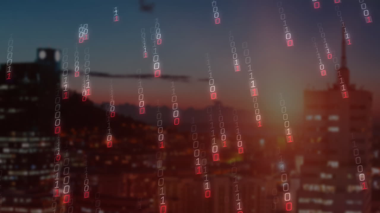 도시 풍경 위의 바이너리 코딩의 애니메이션