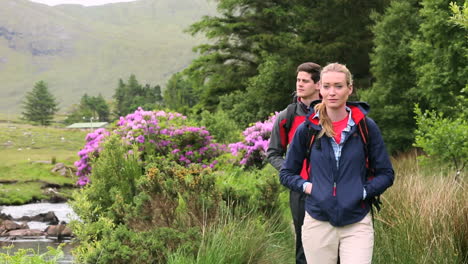 couple hiking together and pausing to admire the view