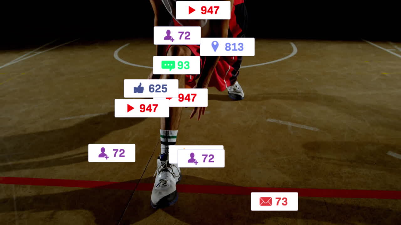 Dribbling basketball, player with animation of social media icons overlaying scene