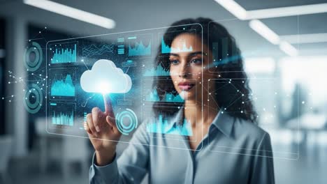 a professional woman interacting with a virtual cloud interface, analyzing data and visualizations through an innovative holographic display in a modern office environment