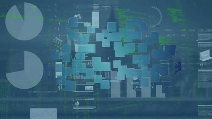 Animation of data processing and cloud icon over cityscape