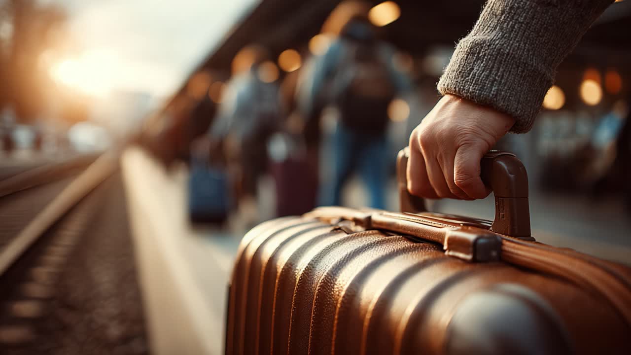 A Traveler's Journey: Capturing the Anticipation of Departure at a Train Station with a Stylish Suitcase in Hand as the Sun Sets in the Background