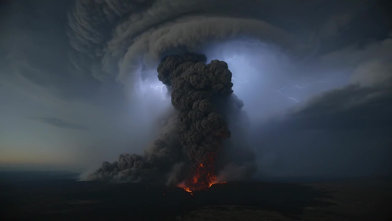 Sfiato incandescente in eruzione che invia una colonna di cenere nel cielo crepuscolare, con fulmini che lampeggiano all'interno della nuvola.