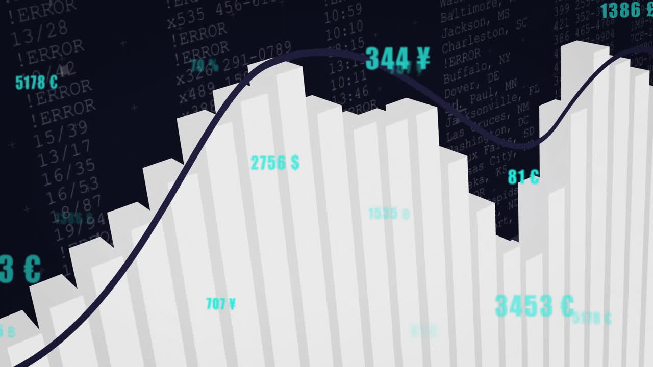 Animation of bar graph showing fluctuating currency values on digital background