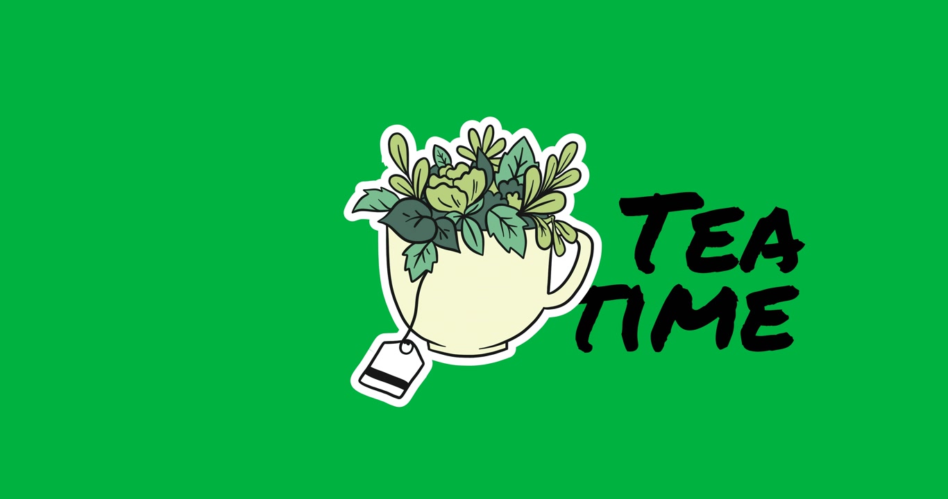 Animazione di un momento del tè e tazza con erbe su sfondo trasparente