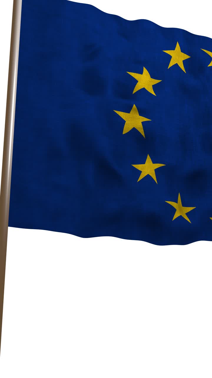 Loop continuo della bandiera ufficiale dell'Unione Europea (UE) con dodici stelle dorate che sventola su uno sfondo bianco. Rendering 3D di alta qualità per concetti internazionali e politici.