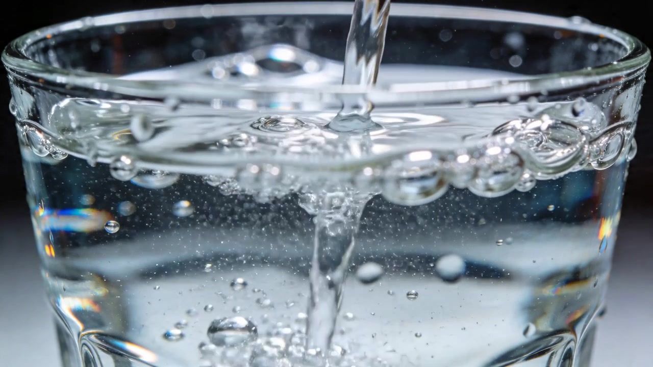Pouring stream of water refilling clear drinking glass on counter, creating vortex lifting bubbles