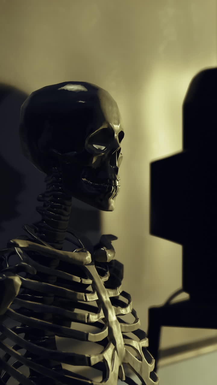 Skeleton model stands next to a dark object in a dimly lit room space