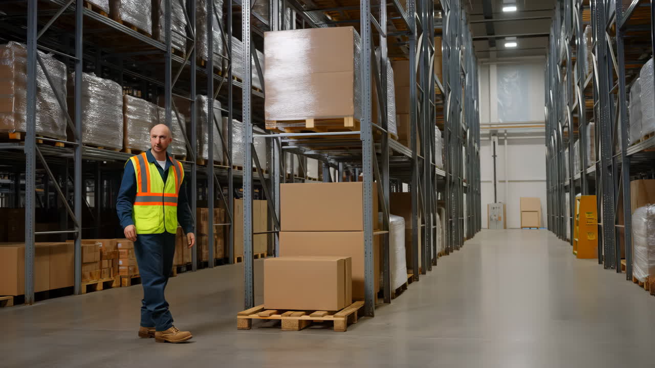 Worker moving boxes in a large warehouse