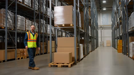 worker moving boxes in a large warehouse