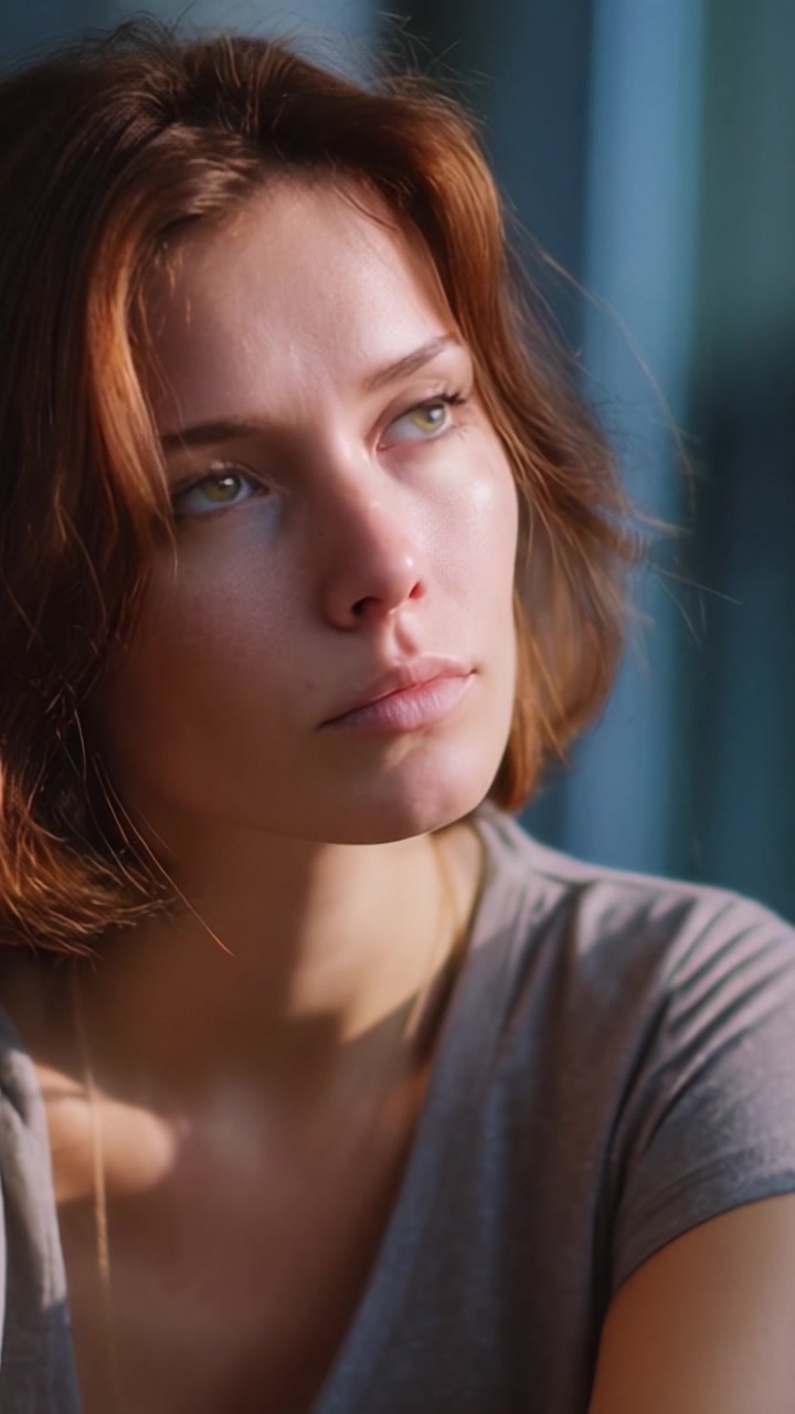 A contemplative moment captured in soft light, showcasing a woman's introspective gaze and natural beauty, reflecting emotions and thoughts through expressive eyes.