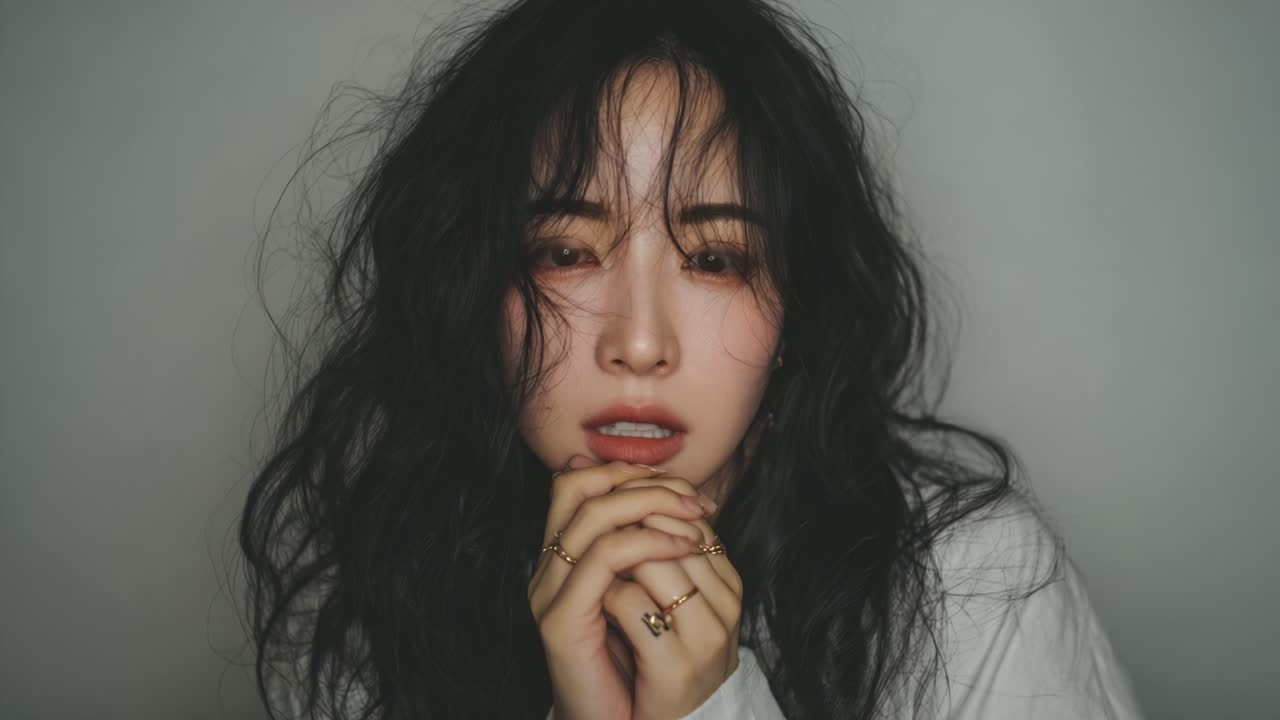 A contemplative portrait showcasing a young woman with tousled hair and expressive eyes, conveying deep emotion in a minimalist setting with a neutral background