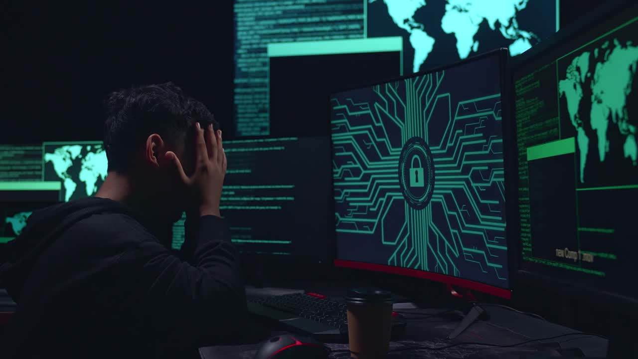 Asian Boy Hacker Upset With Lock Key On Computer Screen