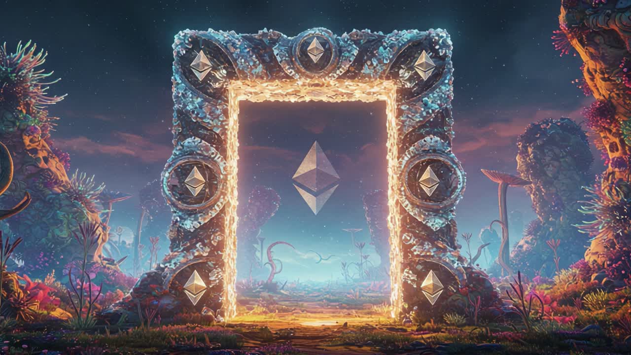 A Stunning Portal to a Vibrant Virtual World, Featuring Ethereal Geometry and Lush Plant Life, Illuminated by Glowing Crystals and Enigmatic Symbols in an Otherworldly Landscape