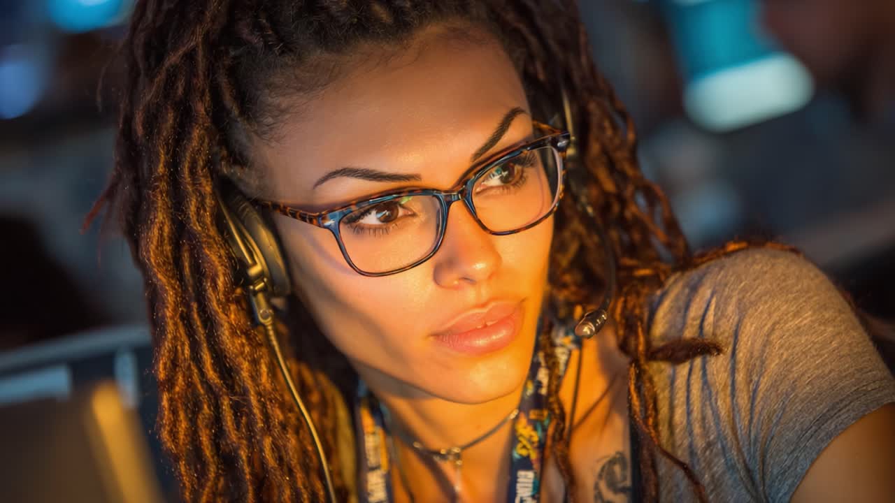 Una professionista impegnata si concentra intensamente sul suo lavoro, circondata da tecnologia e creatività in un ambiente vivace