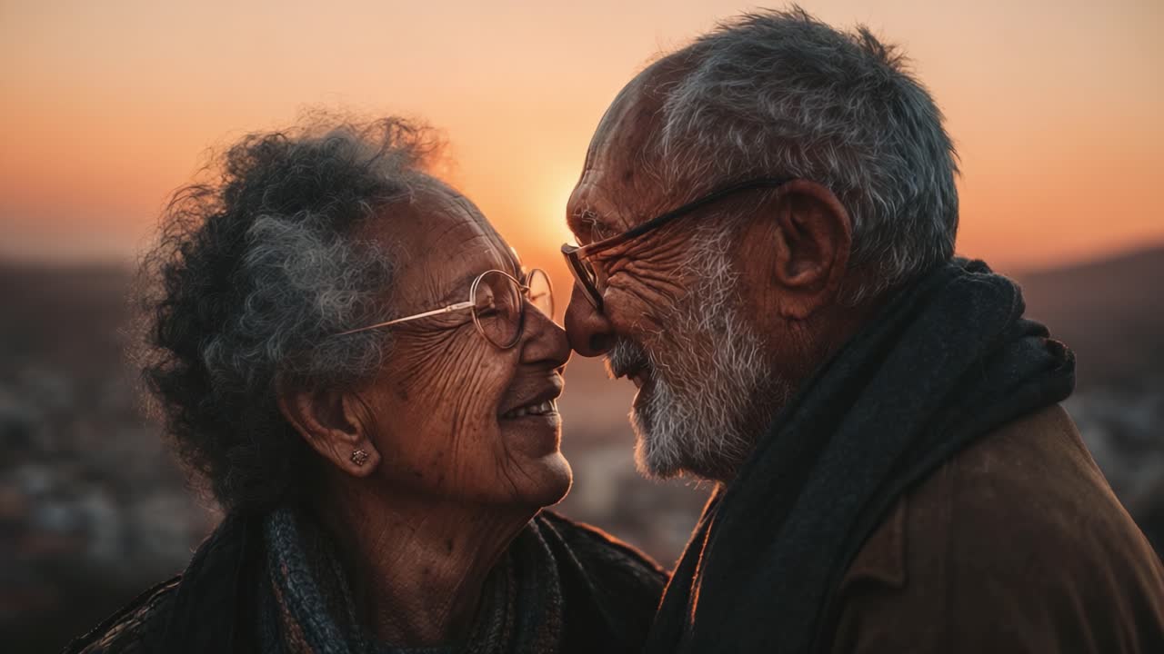An Endearing Moment Captured: Two Elderly Lovers Sharing Laughter and Affection Against a Breathtaking Sunset Backdrop, Celebrating Their Lifelong Bond