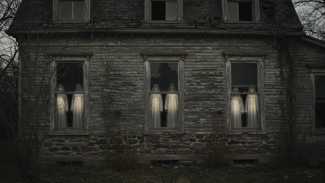 eerie figures dressed in white hauntingly stand in windows of an abandoned house, creating a chilling atmosphere of mystery and intrigue