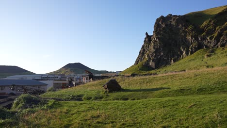 dorf unter vulkanischen hügeln und grüner landschaft von hemaey, westman-inseln, island