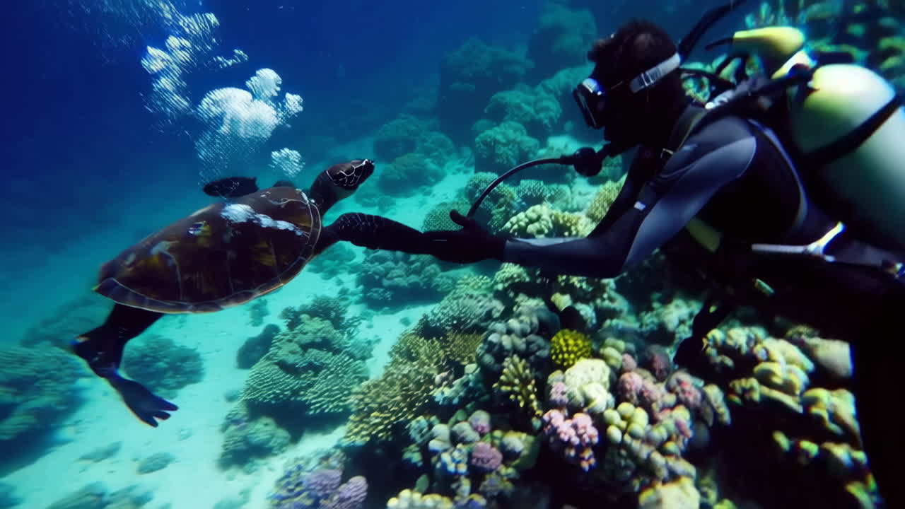 Scuba Diver Encountering a Turtle in the Red Sea Coral Reef