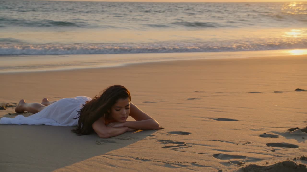 La cámara retrocede, revelando a una mujer tumbada con una envoltura blanca en la orilla al atardecer con olas.