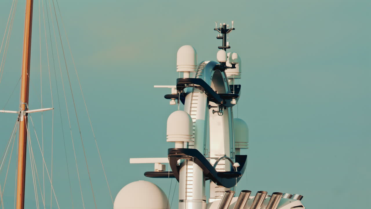 The futuristic upper structure of a modern superyacht, featuring domes, antennas, and sleek white design elements