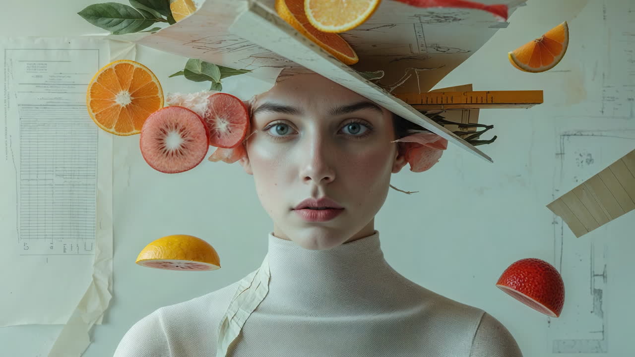 Surreal Portrait of Woman with Floating Citrus and Architectural Papers