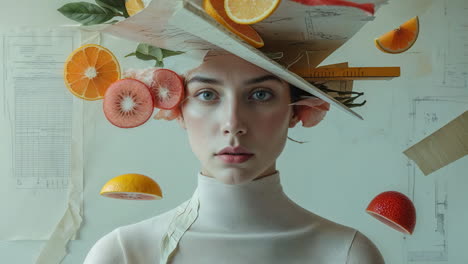 surreal portrait of woman with floating citrus and architectural papers