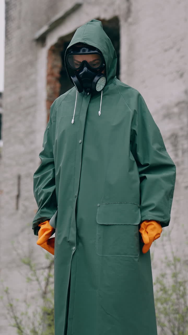 Environmental pollution, ecological disaster, nuclear war, post apocalypse concept. Care for future generations. Human in protective mask, face-guard to prevent breathing toxic air. Vertical video