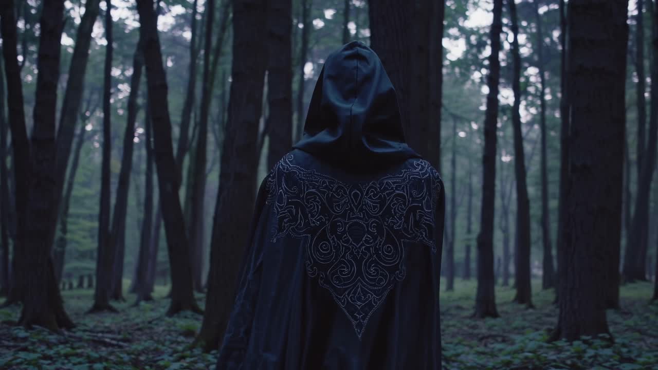 En mystisk skikkelse med hette i en mørk skog, fanget fra siden