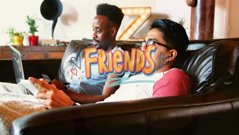 animation of friends text over happy diverse male friends talking