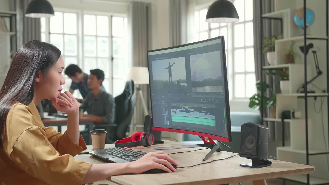 Asian Female Video Editor Thinking While Works With Footage And Sound On Her Personal Computer In Office