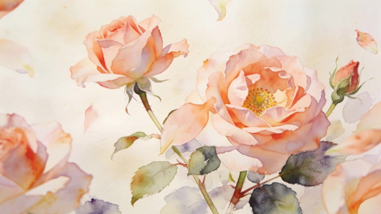 Animazione fotogramma per fotogramma di rose rosa pesca che fluttuano su carta acquerello, con i petali che rispondono alla brezza.
