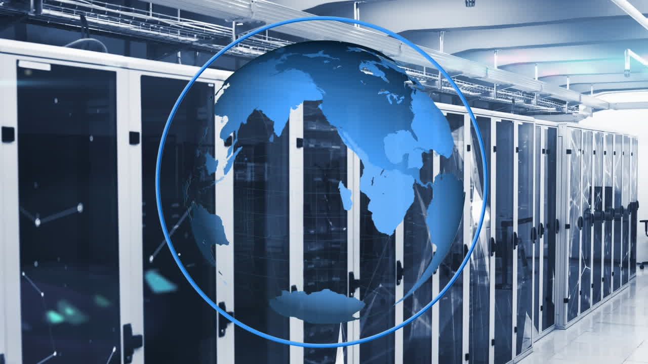 Spinning globe against empty server room