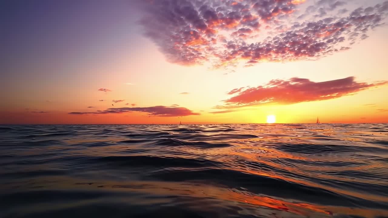 Fantastisk solnedgang over havets bølger, engel nedefra, perfekt som beroligende videobaggrund