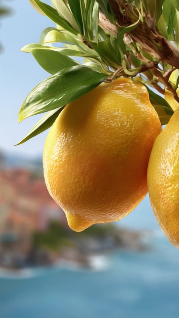 Primo piano suggestivo di limoni maturi appesi a un ramo contro uno splendido sfondo costiero, che mostra il loro colore giallo brillante e l'aspetto fresco