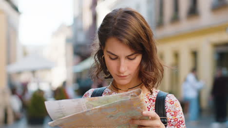Woman-lost-while-traveling-in-Europe-city,-exploring-sightseeing,-navigating-holds-tourist-paper-map